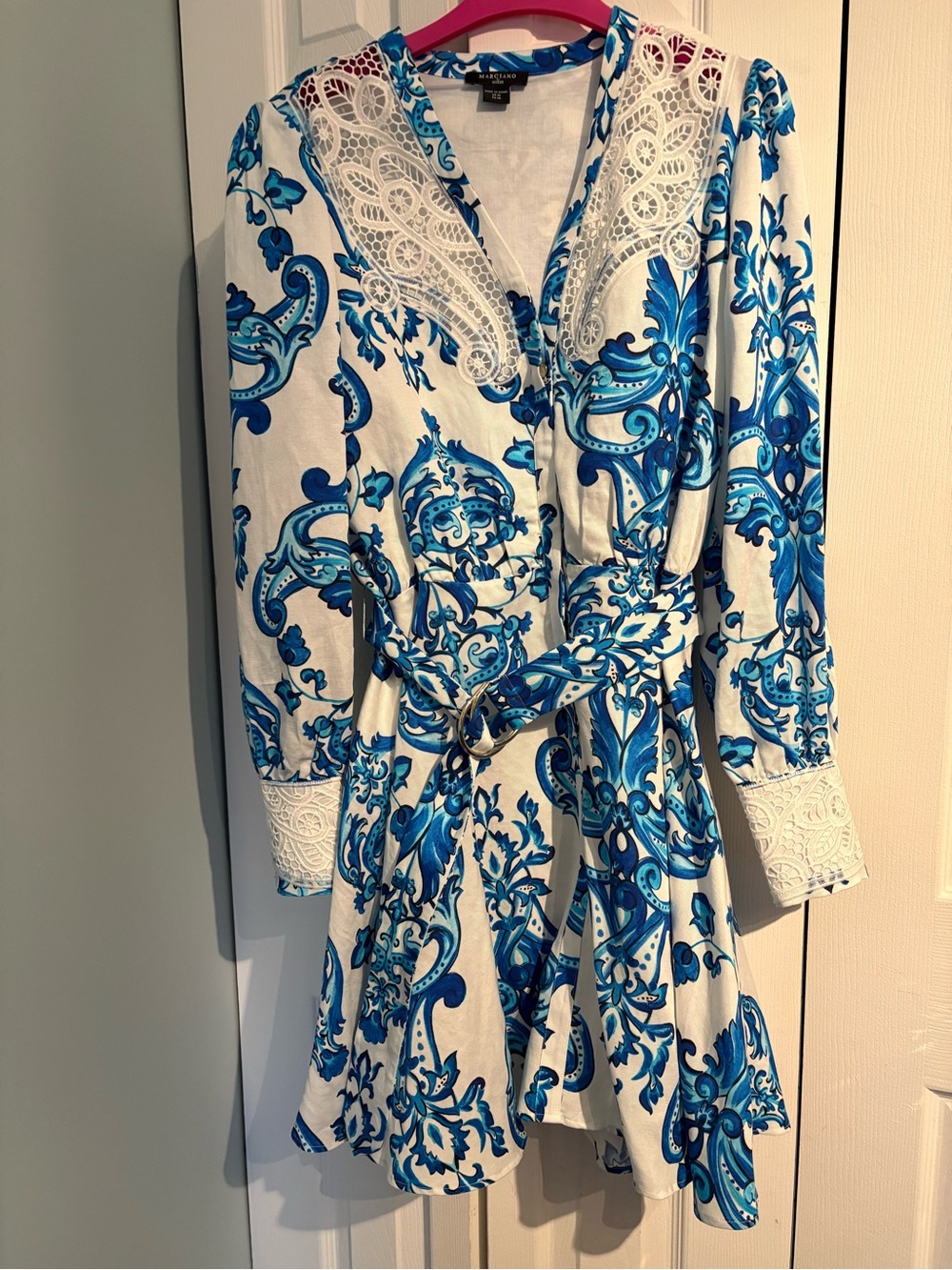 Marciano White and Blue Lace-Trim Wrap Dress